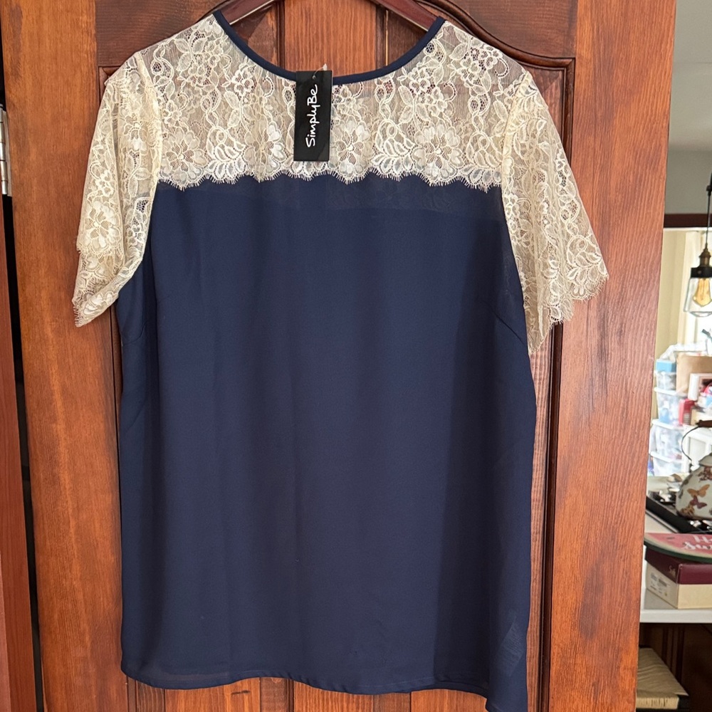 Simply Be Navy Blue and Cream Lace Blouse